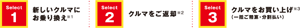 Select1新しいクルマにお乗り換え※1 Select2クルマをご返却※2 Select3クルマをお買い上げ※3（一括ご精算・分割払い）
