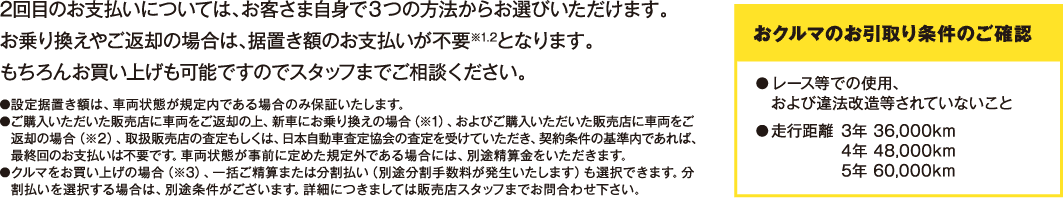 2回目のお支払いについては、お客さま自身で3つの方法からお選びいただけます。お乗り換えやご返却の場合は、据置き額のお支払いが不要※1.2となります。もちろんお買い上げも可能ですのでスタッフまでご相談ください。
