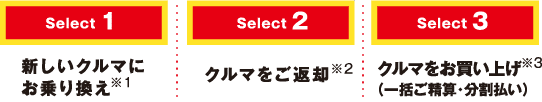 Select1新しいクルマにお乗り換え※1 Select2クルマをご返却※2 Select3クルマをお買い上げ※3（一括ご精算・分割払い）