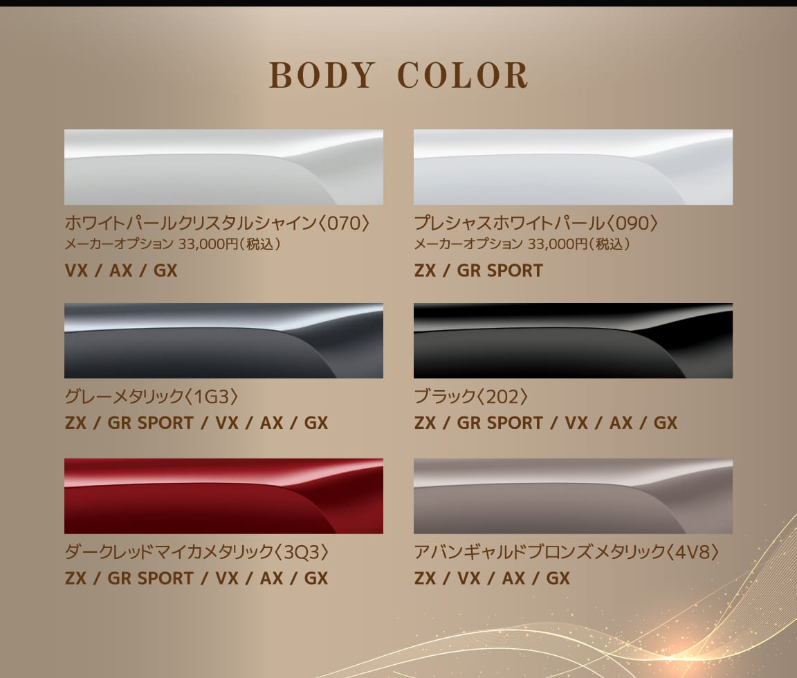 BODY COLORグレーメタリック〈1G3〉アバンギャルドブロンズメタリック〈4V8〉ダークレッドマイカメタリック〈3Q3〉プレシャスホワイトパール〈090〉メーカーオプション 33,000円（税込）ブラック〈202〉ホワイトパールクリスタルシャイン〈070〉メーカーオプション 33,000円（税込）ZX / VX / AX / GXZX / GR SPORT / VX / AX / GXZX / GR SPORT / VX / AX / GXZX / GR SPORTZX / GR SPORT/VX / AX / GXVX / AX / GX